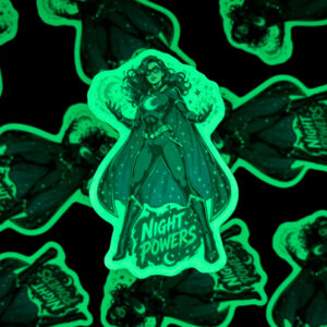 Custom glow in the dark logo sticker glowing green in the dark