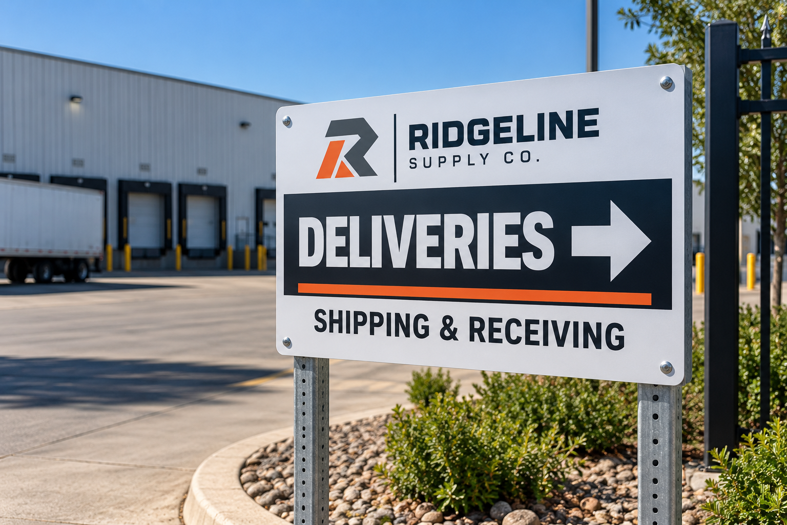 Aluminum Directional Sign for Warehouses Branded aluminum directional sign pointing to shipping and receiving, post-mounted near warehouse loading docks