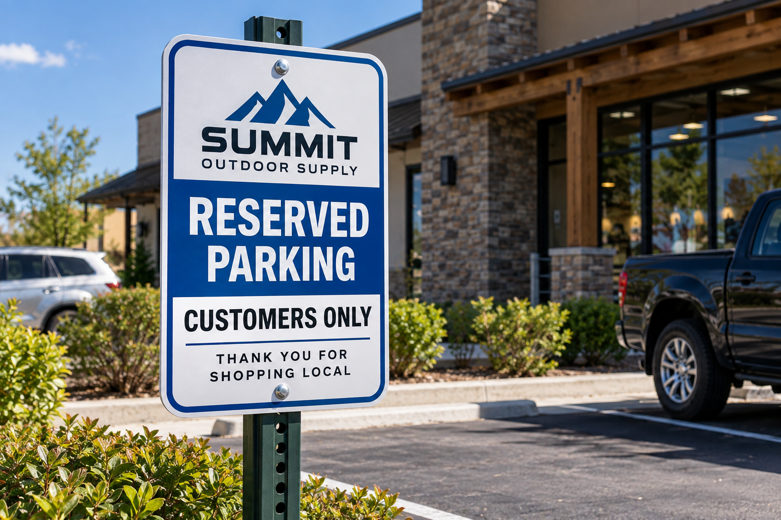 Custom Aluminum Parking Sign Custom aluminum reserved parking sign with retail store logo mounted on a green U-channel post
