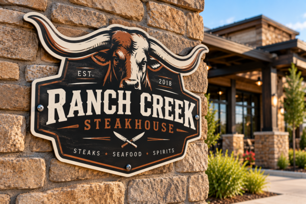 Die-cut custom aluminum sign with longhorn logo mounted on stone wall outside a steakhouse entrance