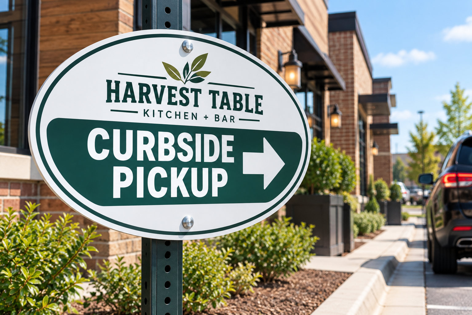 Oval Aluminum Curbside Pickup Sign Oval aluminum curbside pickup sign with restaurant logo and arrow, post-mounted along a storefront sidewalk