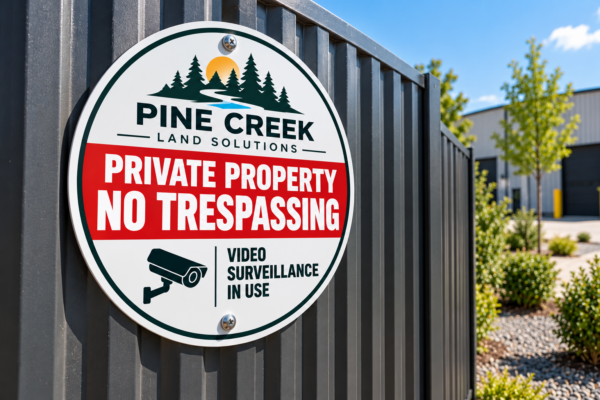 Round aluminum private property no trespassing sign with video surveillance notice mounted on a metal fence