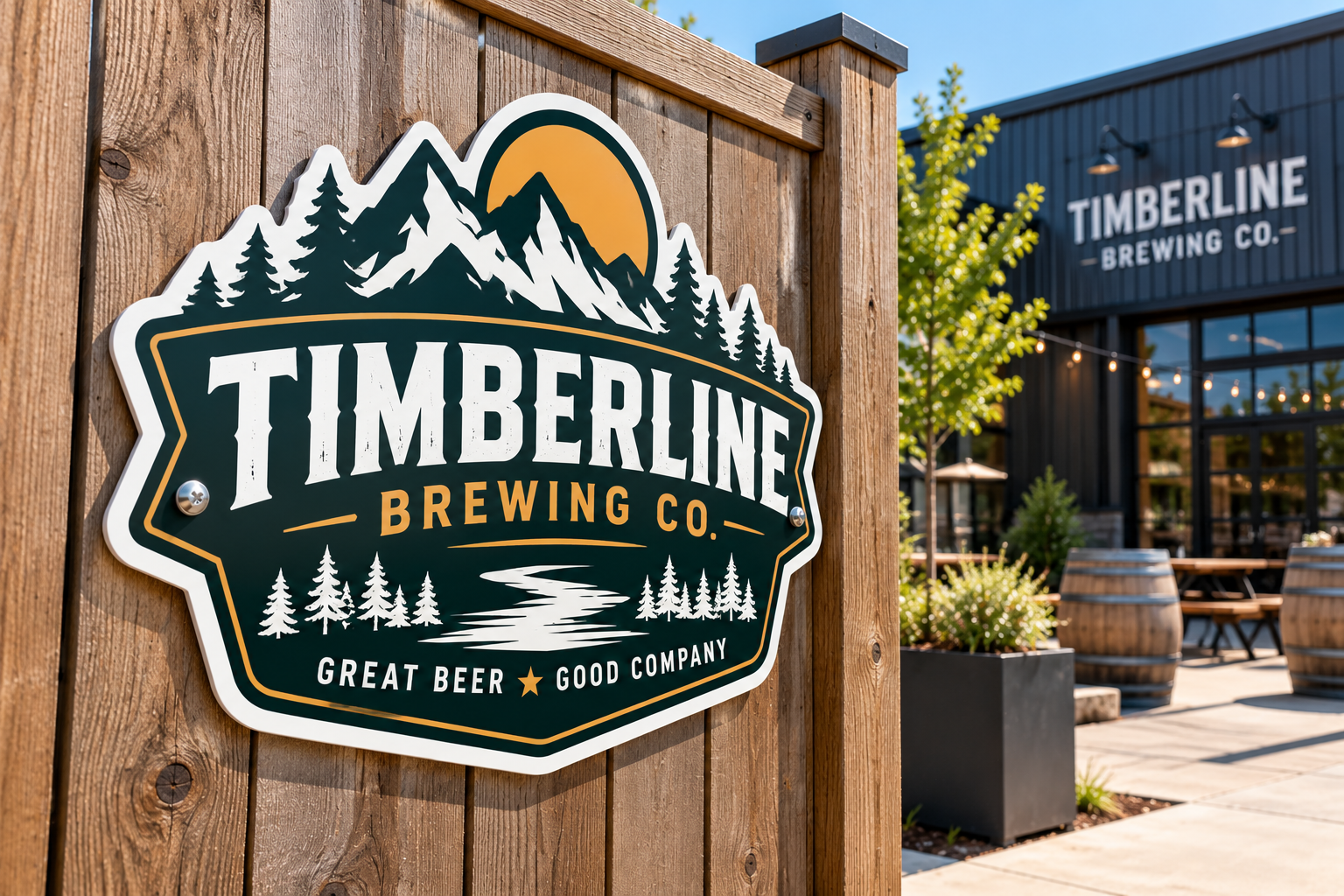 Die-Cut Custom Aluminum Sign for Breweries Die-cut custom aluminum sign with mountain logo mounted on a wooden fence at a brewery patio