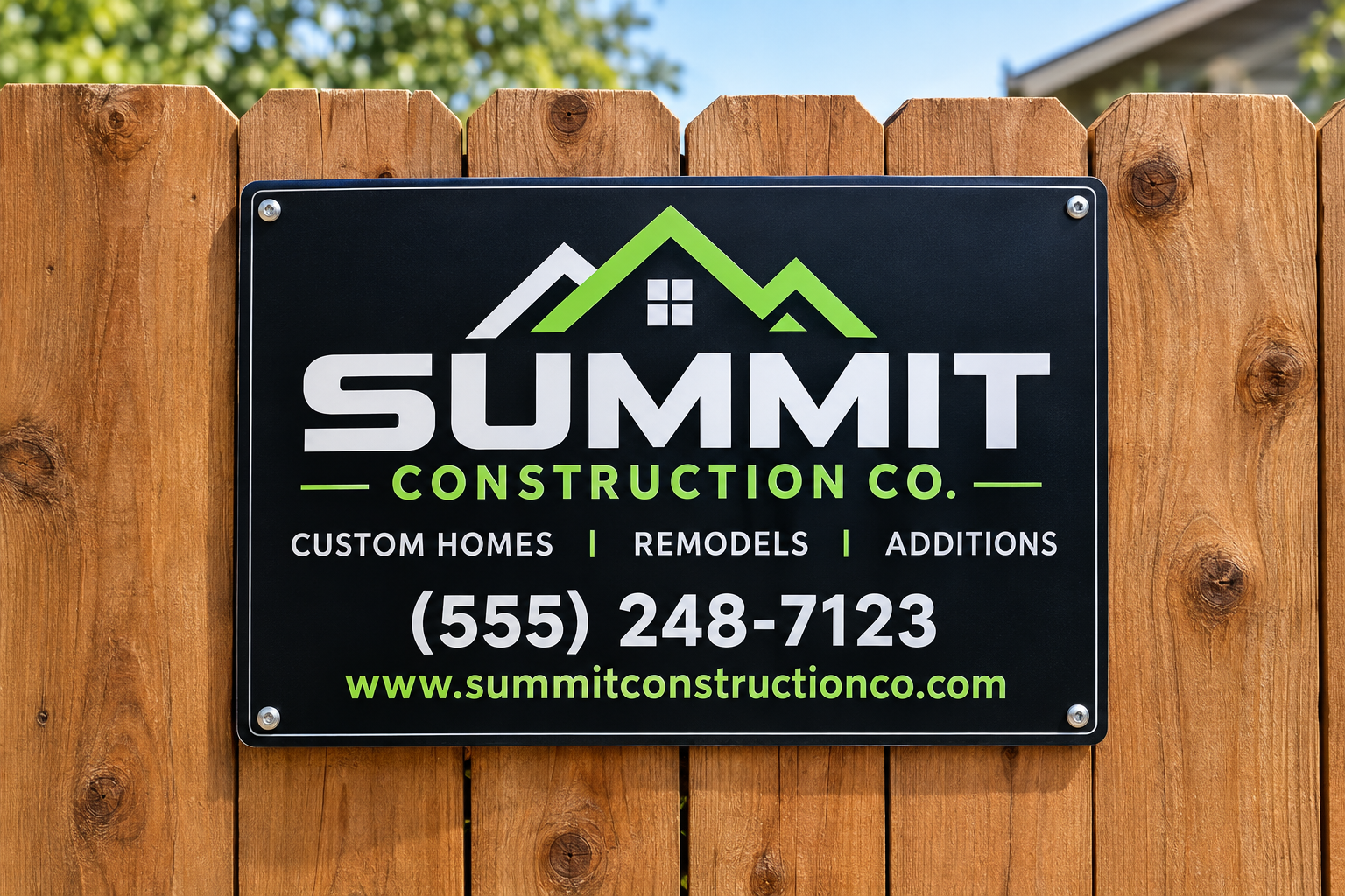 aluminum-contractor-sign-wood-fence.jpg Black aluminum contractor sign with green logo screwed to a dog-ear wood fence