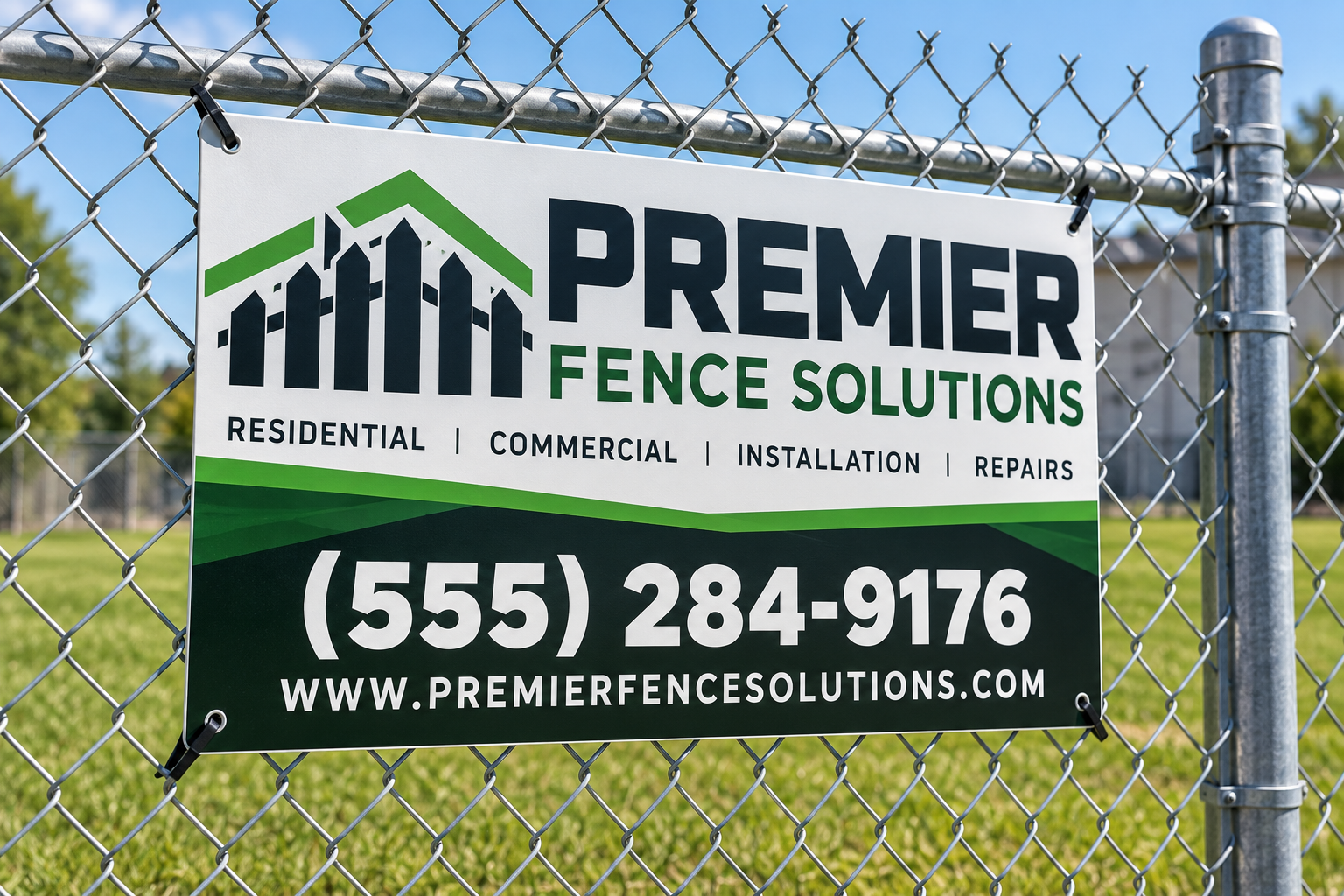 aluminum-fence-sign-chain-link.jpg Aluminum fence sign zip tied to a chain link fence through pre-drilled corner holes