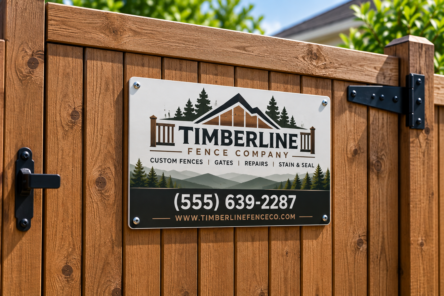 custom-fence-sign-wood-gate.jpg Custom aluminum fence sign screwed to a stained wood privacy fence gate