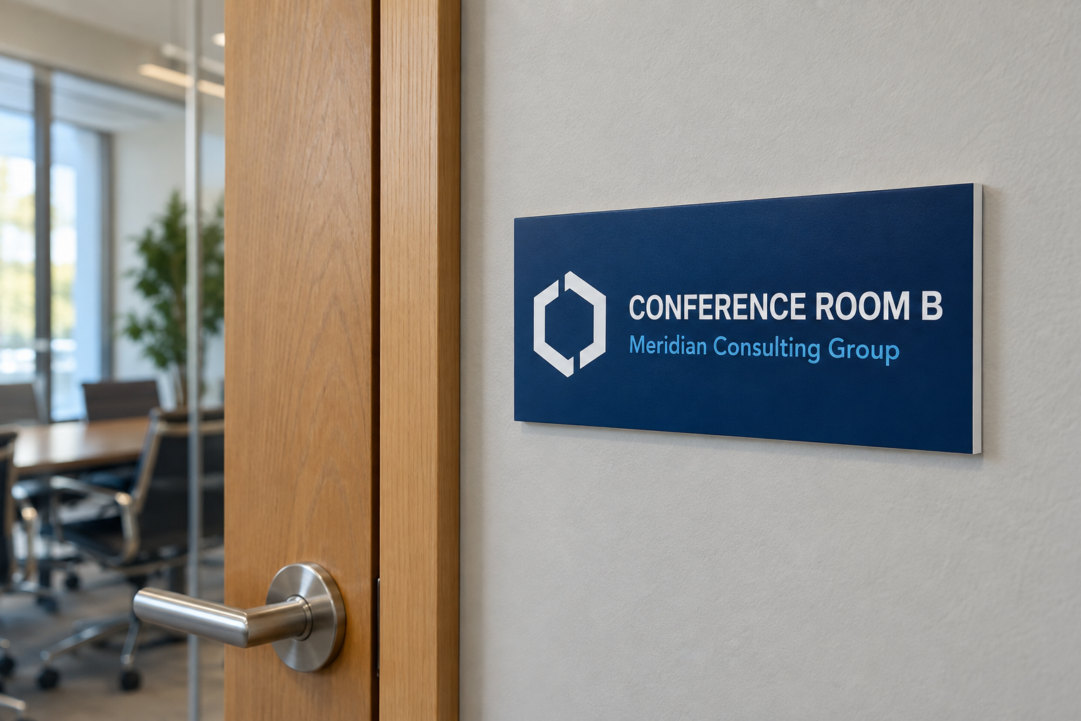 custom-pvc-conference-room-sign.jpg Navy custom PVC conference room sign with company logo mounted beside an office door