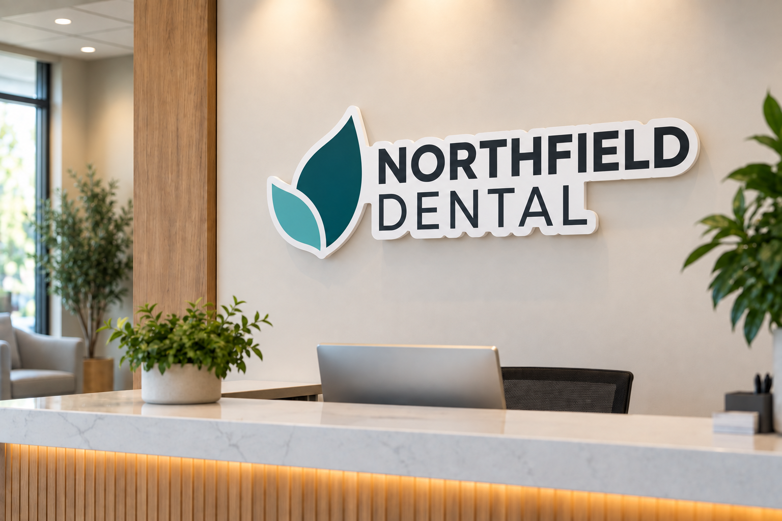 die-cut-pvc-logo-sign-lobby.jpg Die-cut custom PVC logo sign mounted with standoffs behind a reception desk