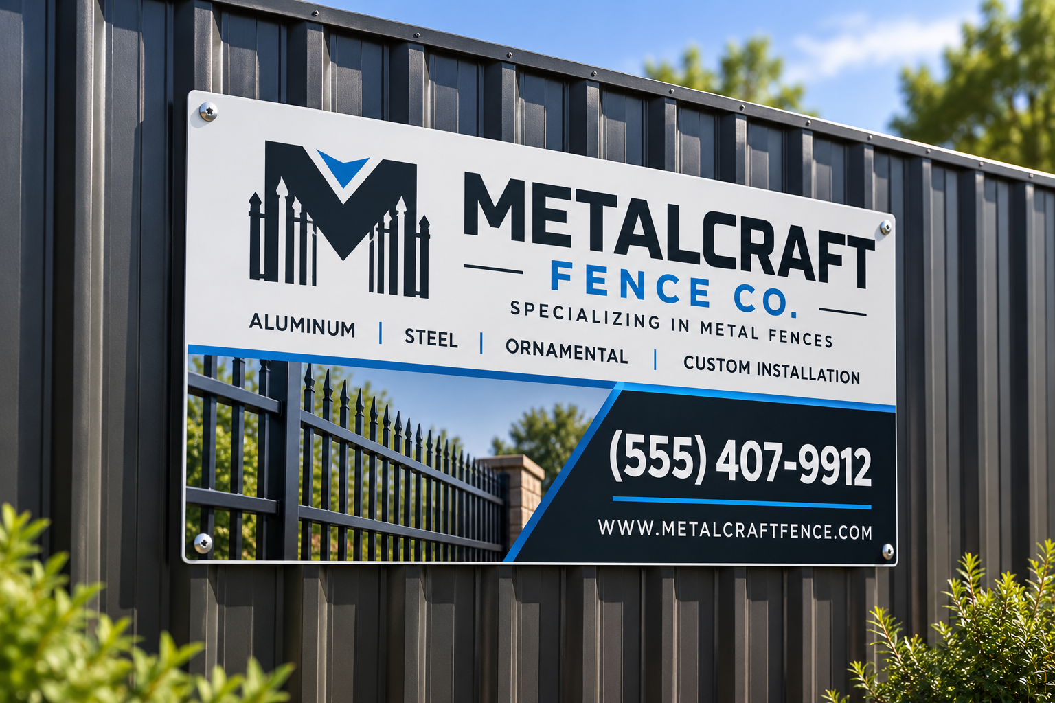 metal-fence-company-sign.jpg Metal fence company sign mounted on a black corrugated steel privacy fence
