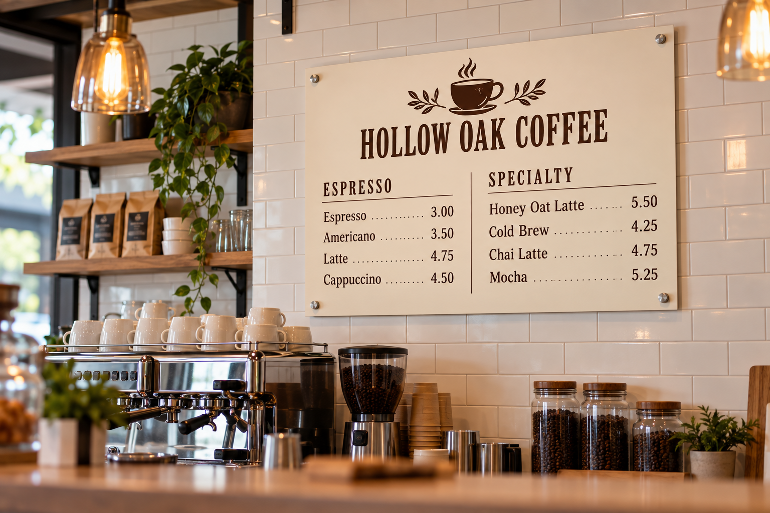 pvc-menu-board-sign-coffee-shop.jpg Full-color PVC menu board sign with standoffs mounted behind a coffee shop counter