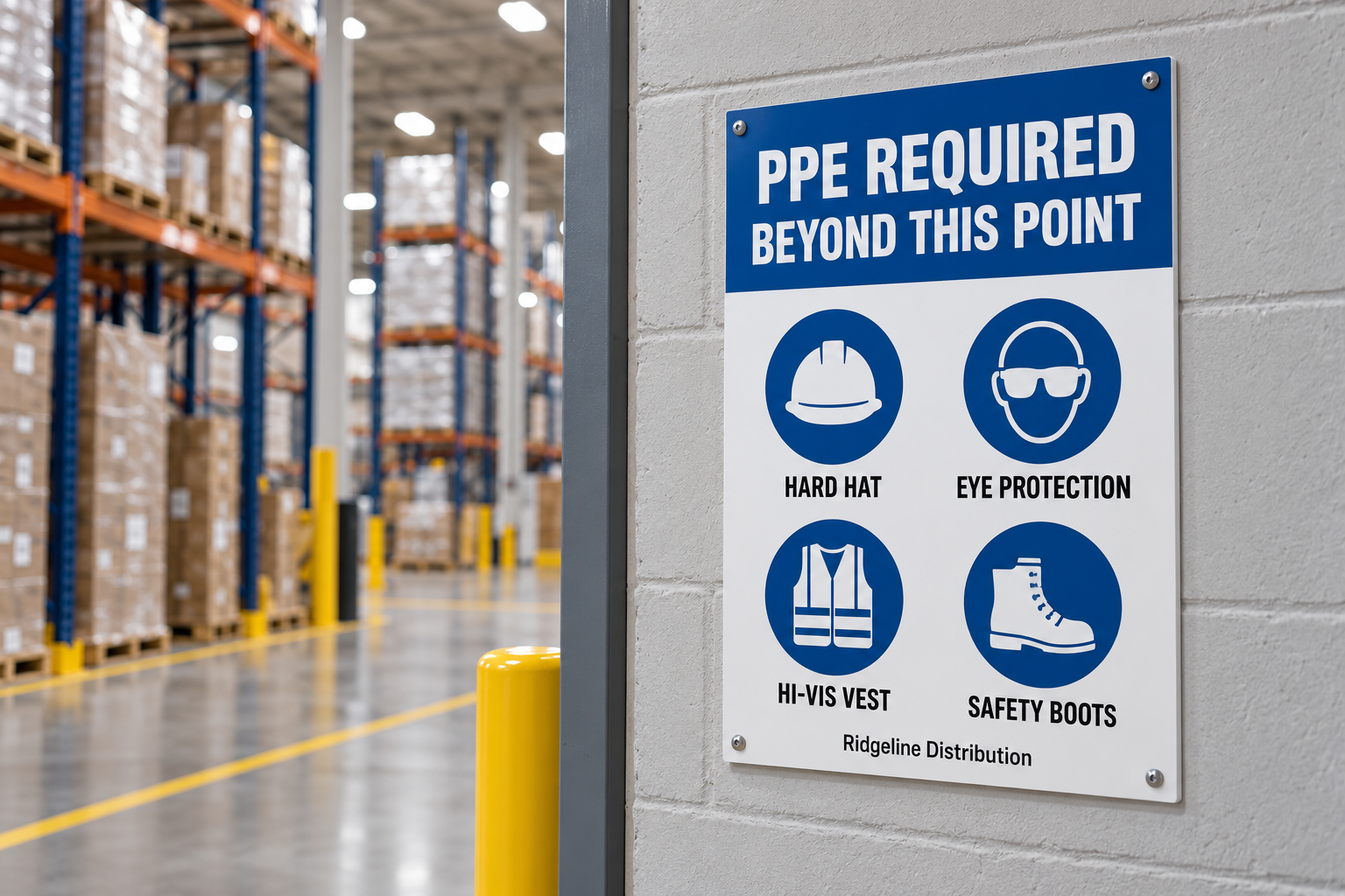 pvc-ppe-safety-sign-warehouse.jpg PVC safety sign listing PPE requirements mounted on a wall inside a warehouse