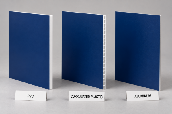 Side-by-side comparison of PVC, corrugated plastic, and aluminum sign materials showing each edge