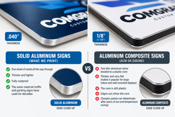 Comparison of .040" solid aluminum sign and 1/8" aluminum composite (ACM/Dibond) sign with edge close-ups showing the plastic core