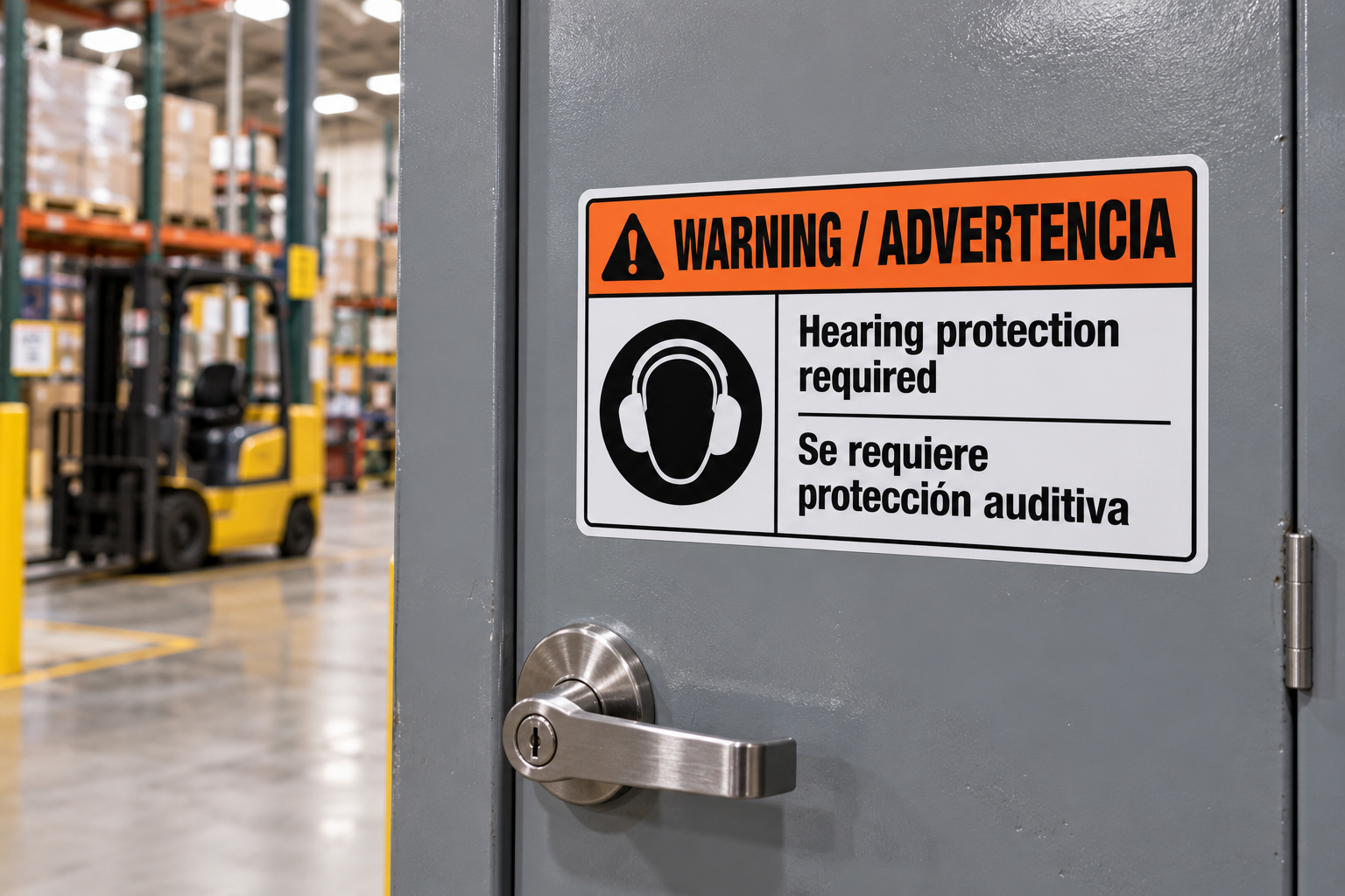 bilingual-warning-safety-sticker-warehouse.jpg Bilingual English and Spanish hearing protection warning sticker on a warehouse door