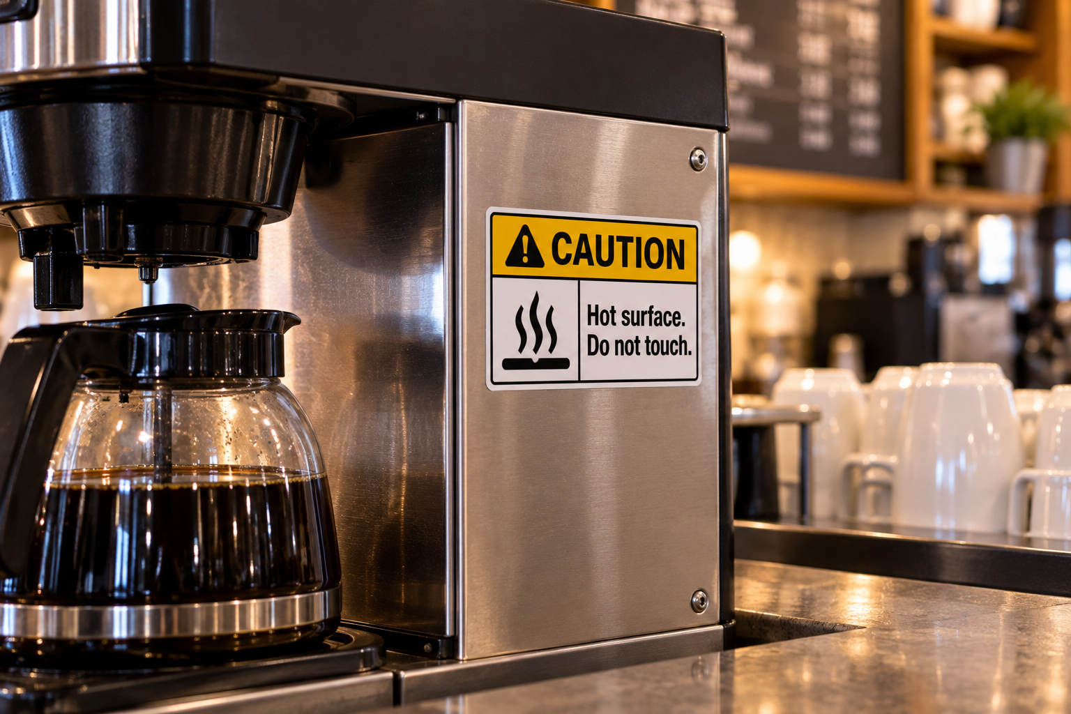 caution-hot-surface-product-warning-label.jpg Yellow caution hot surface warning label on the side of a commercial coffee brewer