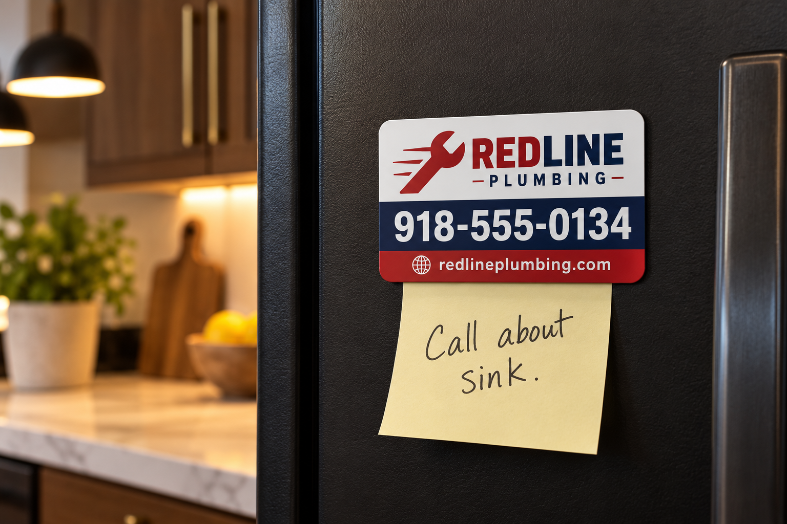 custom-business-card-fridge-magnet-plumber Custom business card magnet for a plumbing company holding a sticky note on a black refrigerator