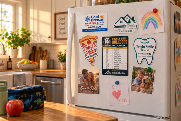 Family refrigerator covered in promotional magnets for HVAC, real estate, pizza, school sports, dentist, and a wedding