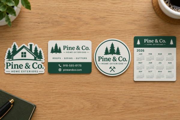 Four custom magnets in die cut, rounded corner, circle, and square shapes on a wood table