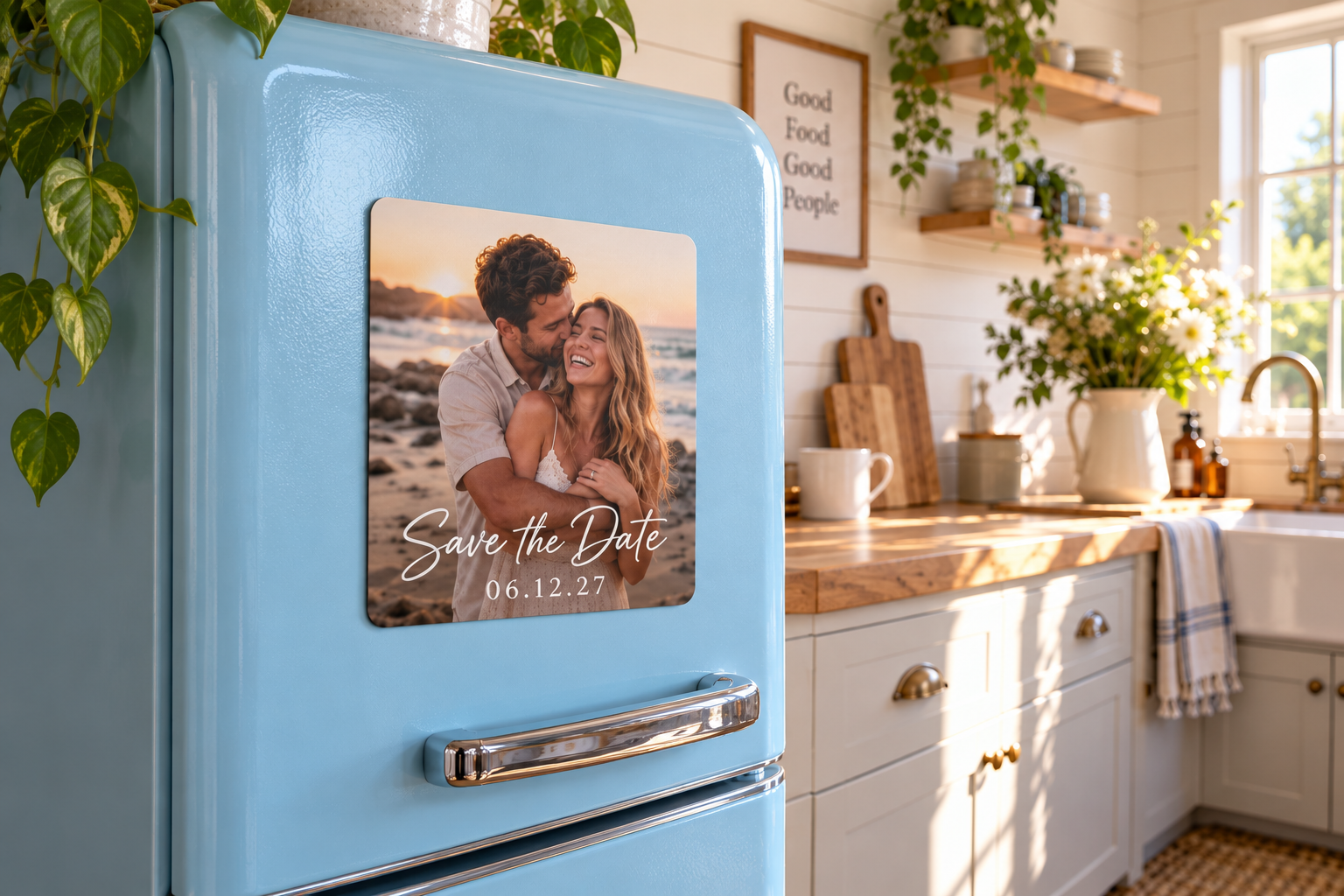 custom-photo-save-the-date-magnet Photo save the date magnet on a pastel blue retro refrigerator