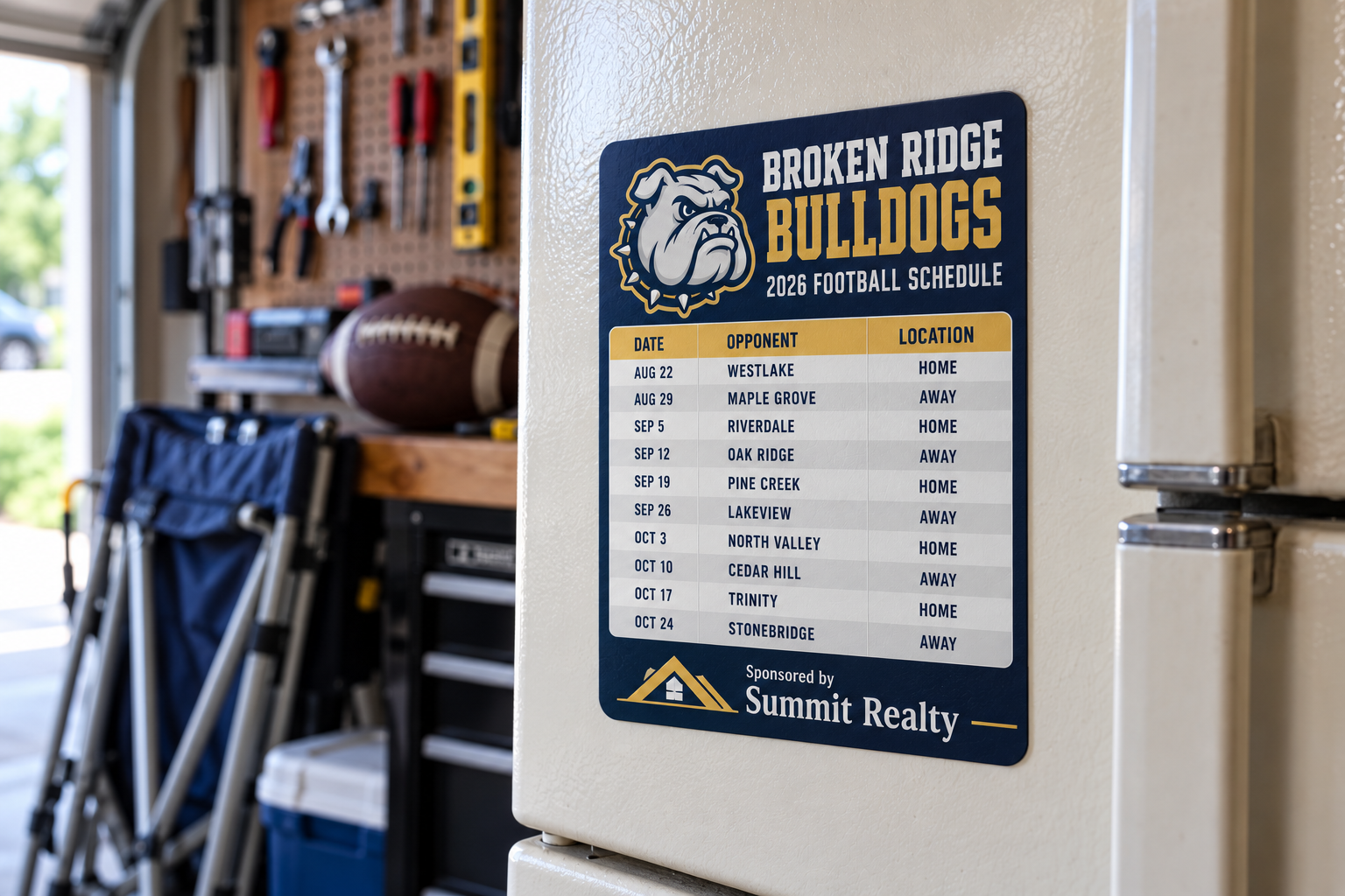 custom-sports-schedule-magnet-garage-fridge Custom football schedule magnet sponsored by a realtor on an almond garage refrigerator