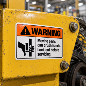 Orange custom warning sticker with pinch point symbol applied to an industrial machine guard