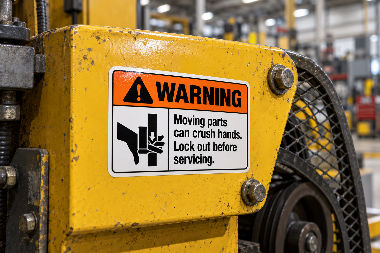 custom-warning-sticker-machine-guard.jpg Orange custom warning sticker with pinch point symbol applied to an industrial machine guard