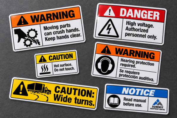 Six custom warning stickers for machinery, electrical, products, facilities, vehicles, and rental equipment