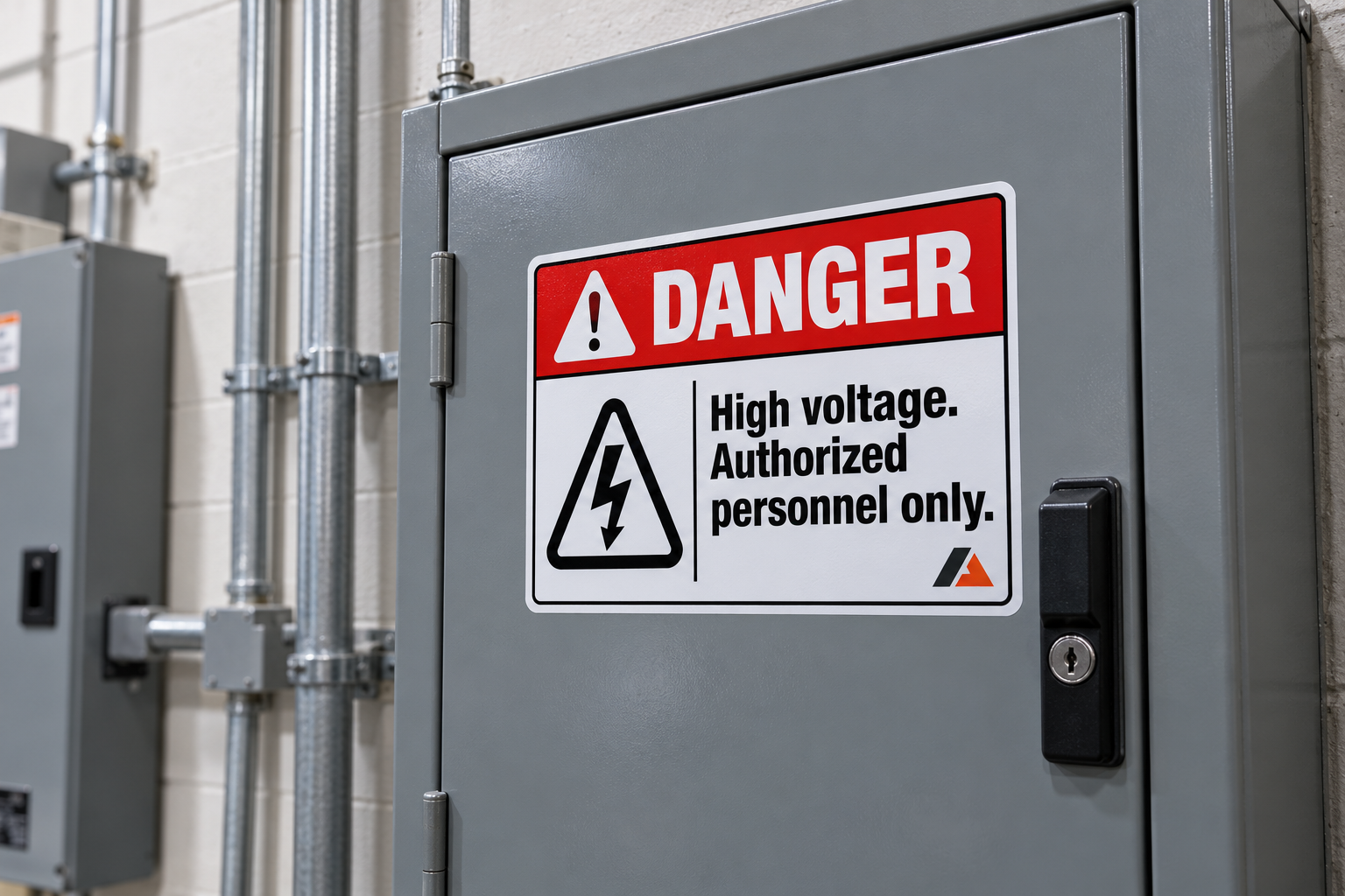 danger-high-voltage-sticker-electrical-panel.jpg Red danger high voltage sticker with company logo on a gray electrical panel door