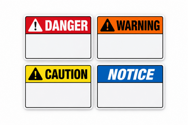 Danger, warning, caution, and notice sticker headers in their standard safety colors