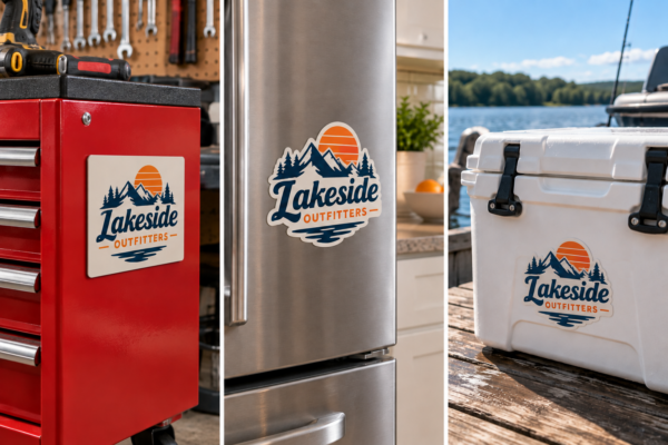 Magnet on a red toolbox, removable sticker on a stainless fridge, and die cut sticker on a cooler