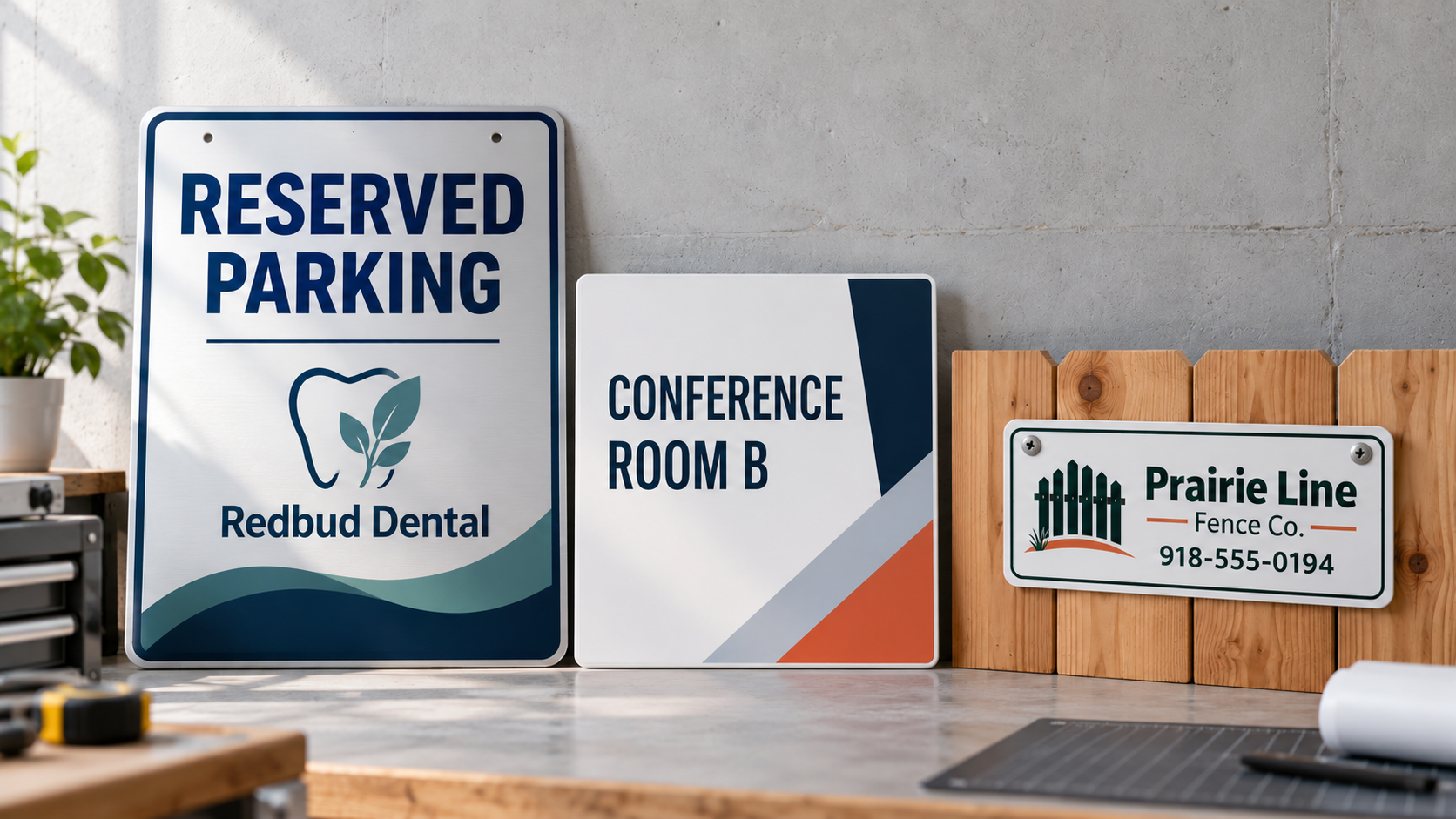 Custom aluminum sign, PVC office sign, and aluminum fence sign zip-tied to a cedar fence in a print shop