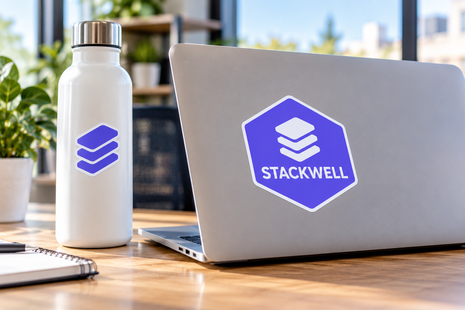 removable-logo-stickers-laptop-water-bottle Removable company logo stickers on a laptop and water bottle