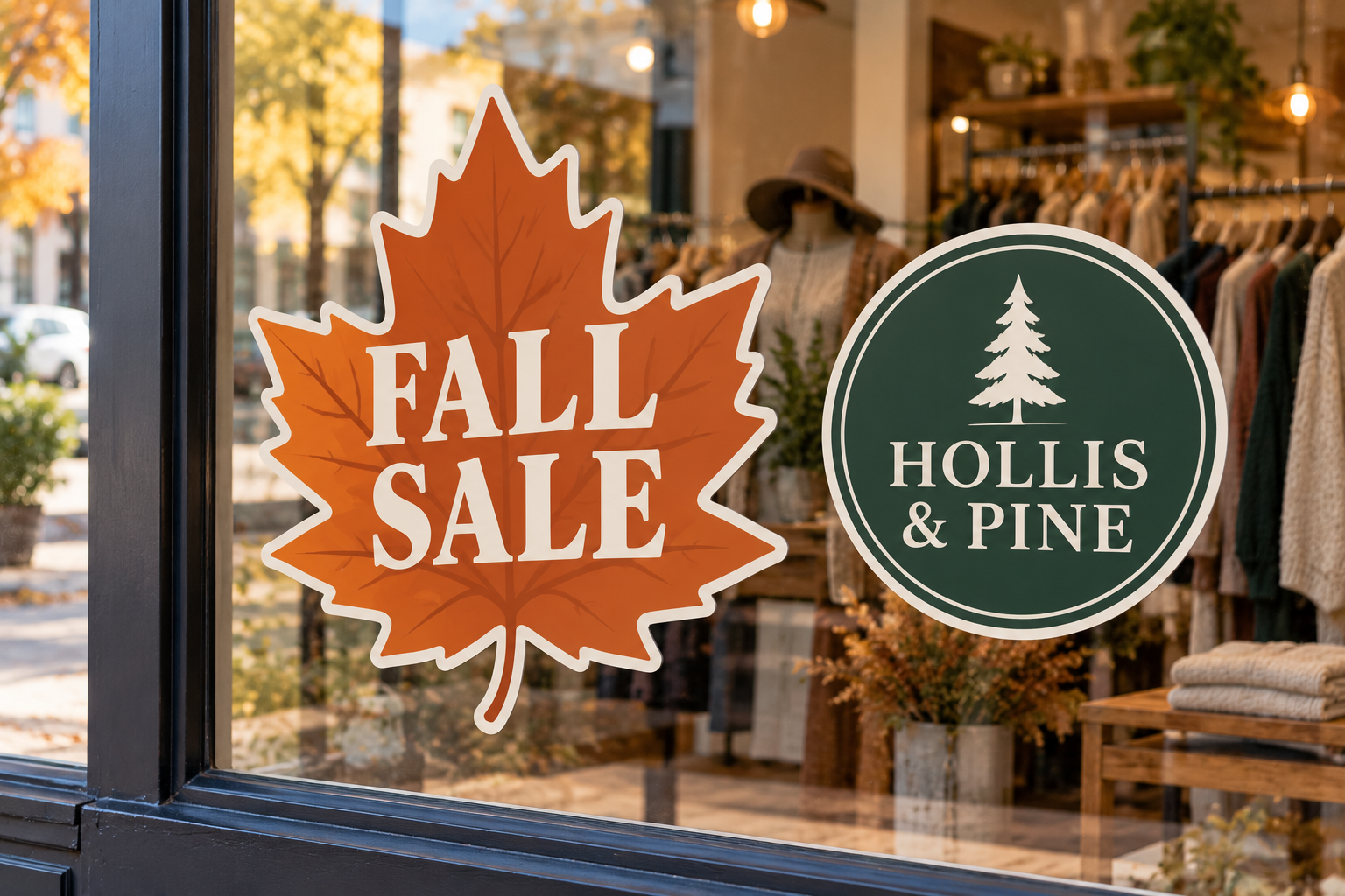 removable-promotional-stickers-storefront-window Removable fall sale and logo stickers on a boutique storefront window