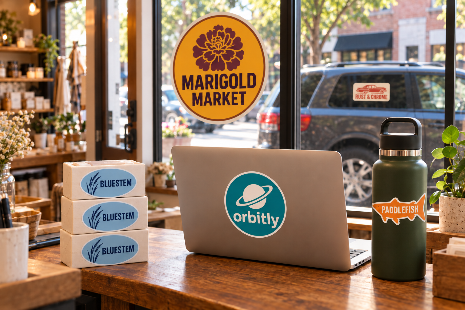 Removable branded stickers on a shop window, soap boxes, a laptop, water bottle and car window