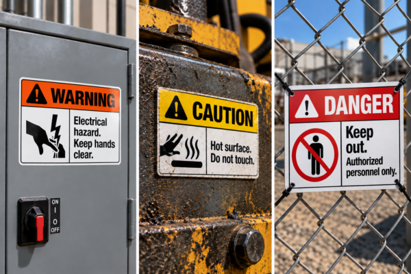 Warning sticker on a panel, heavy duty caution sticker on equipment, and danger sign on a fence