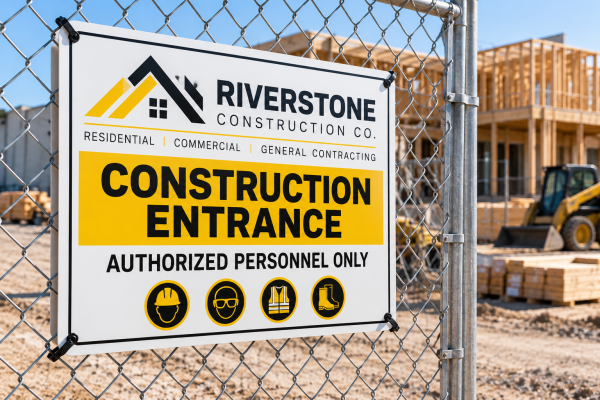 Branded aluminum construction entrance sign with PPE icons zip-tied to a chain link fence at a job site