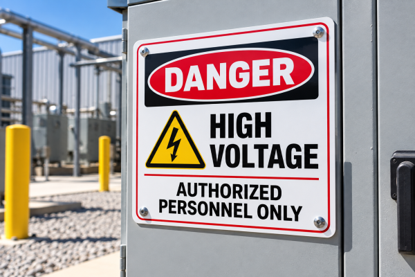 Aluminum danger high voltage safety sign mounted on an outdoor electrical cabinet at an industrial facility