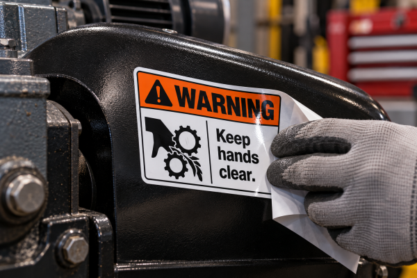 Gloved hand applying a custom pinch point safety sticker to a black machine housing