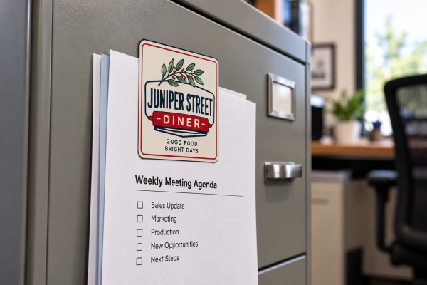 Custom logo magnet holding a stack of papers on a gray office filing cabinet
