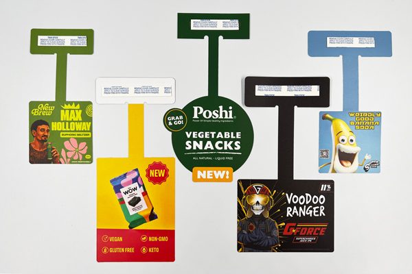 Custom shelf wobblers in assorted die cut shapes for retail brands