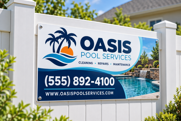 Full color fence advertising sign for a pool service company on a white vinyl fence