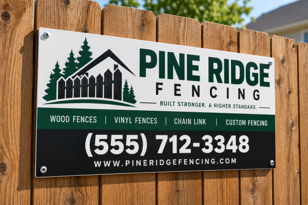 Fence builder sign with logo and phone number mounted on a wood picket fence
