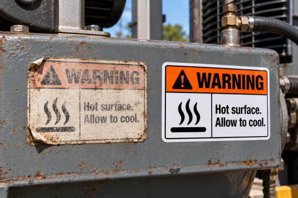 Faded peeling warning sticker next to a bright new custom warning sticker on equipment