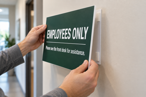 Lightweight PVC sign being mounted to an office wall with double-sided tape