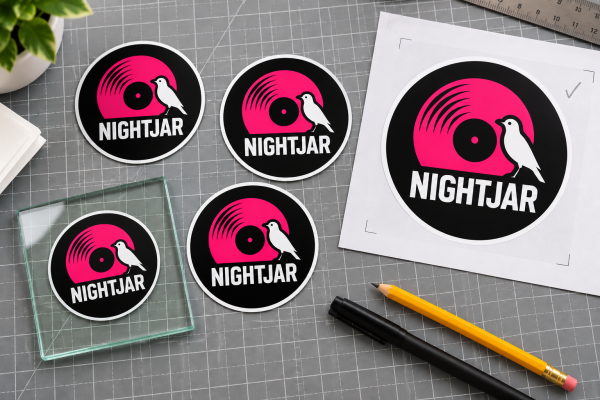 High-contrast removable sticker samples with a printed proof and a surface test on glass