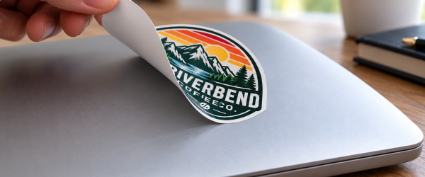 Custom removable sticker peeling cleanly off a laptop with no residue