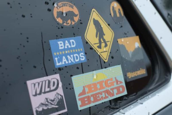 weatherproof stickers on a car window